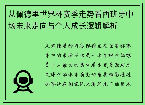 从佩德里世界杯赛季走势看西班牙中场未来走向与个人成长逻辑解析
