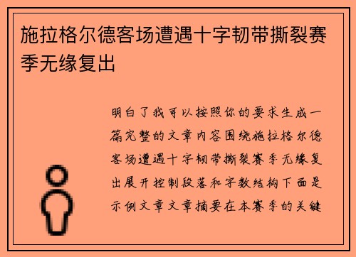施拉格尔德客场遭遇十字韧带撕裂赛季无缘复出